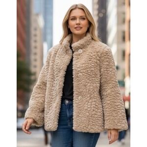 Katie Todd Faux Fur Jacket Beige Bell Sleeve Mock Neck Button Front Women's L